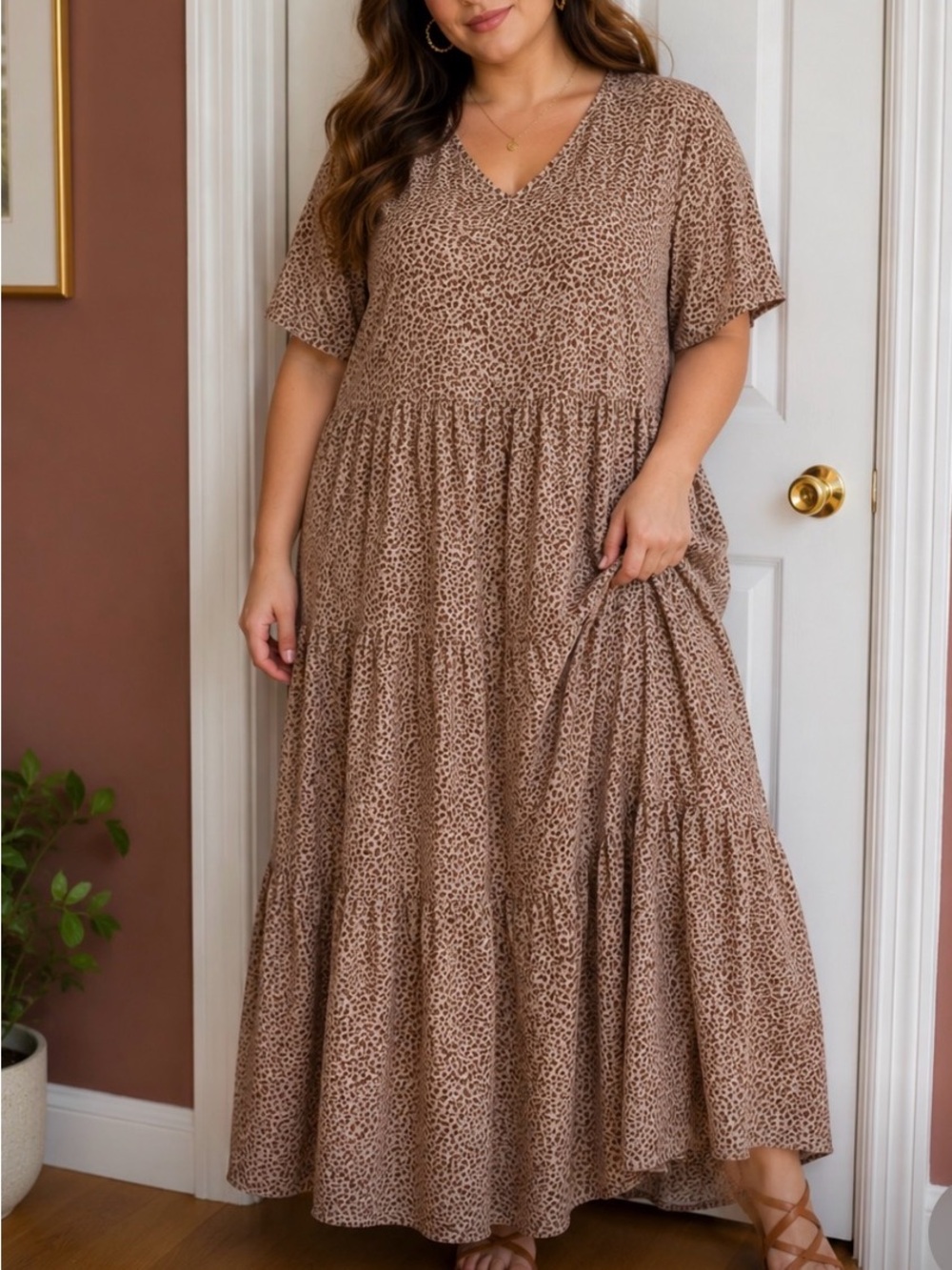 Plus-Size Taupe Leopard Print Tiered Maxi Dress